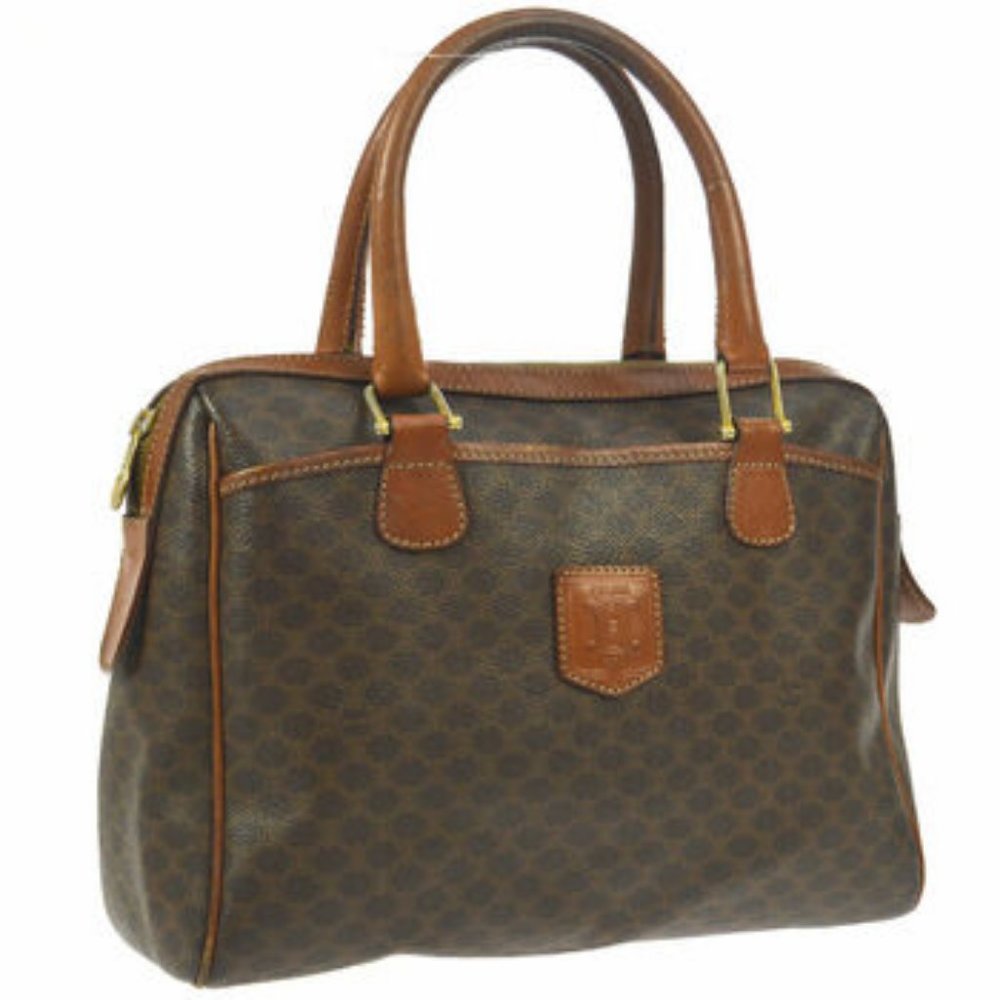 CELINE Macadam Pattern HandBag Brown Leather Trim